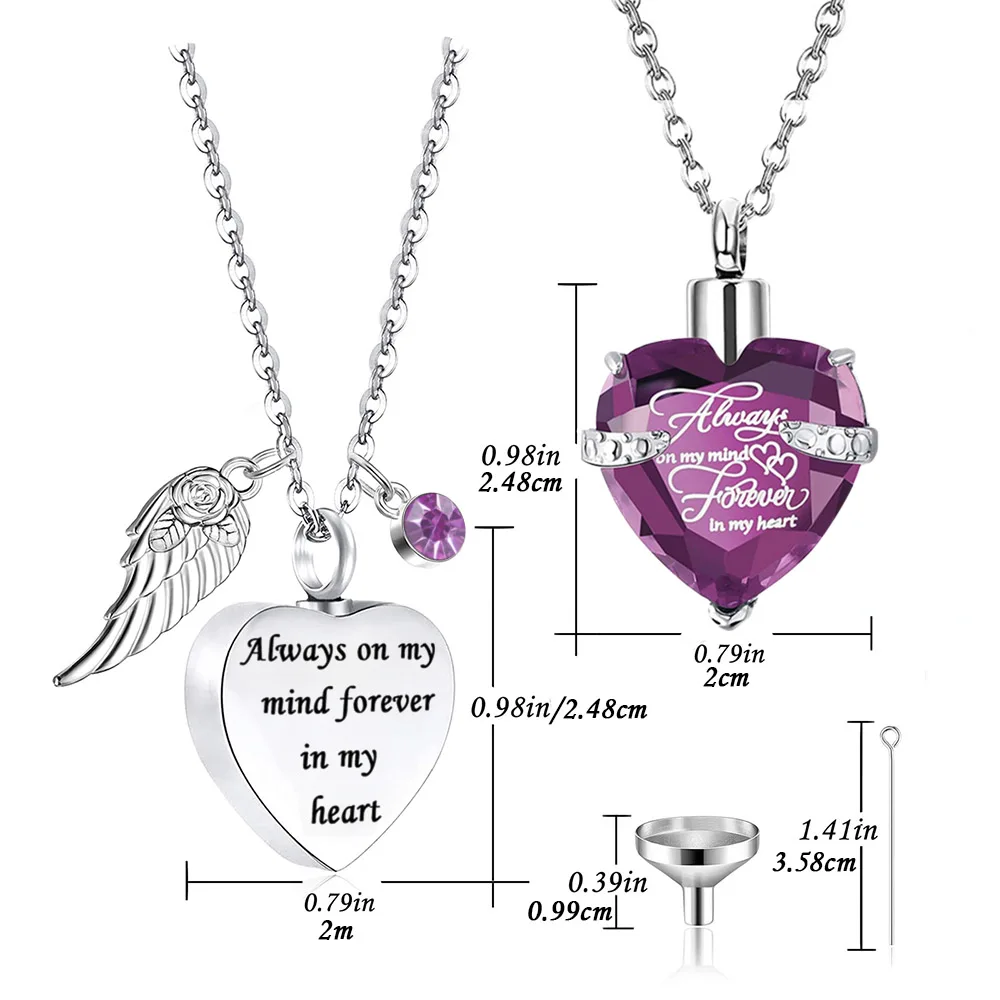 2Pcs Cremation Jewelry for Ashes Heart Crystal Urn Necklace Pendants Ashes for Human Keepsake Memorial Angel Wing