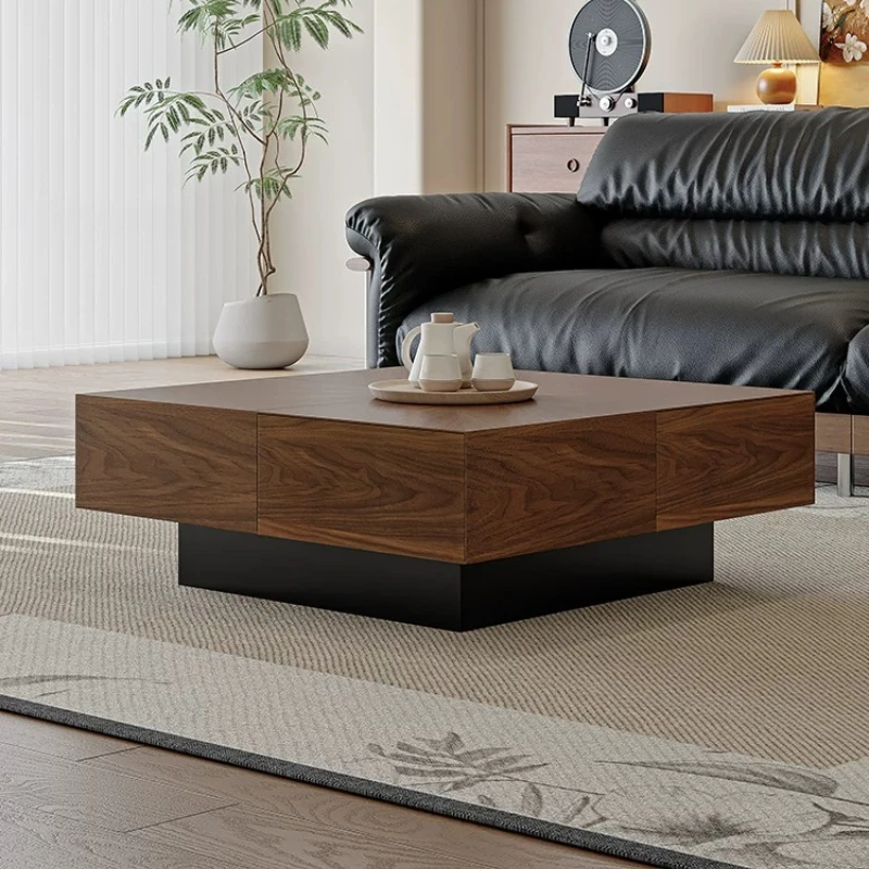 Mid-Century Walnut Veneer Inlay Storage Coffee Table Retro Square Multi-Drawer Designer Tea Table for Apartment Living Room