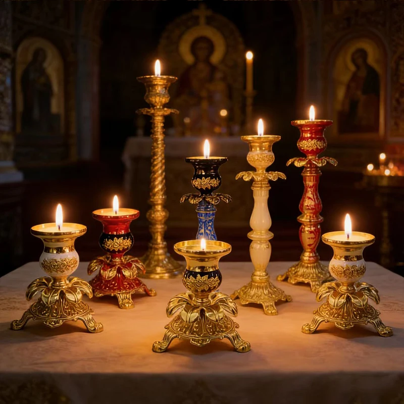 

Gold Plated Orthodox Enamel Candlestick with Floral Carvings for Church Liturgy Home Altar Prayer Devotion Christian Gift Decor
