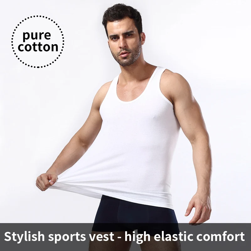 Gilet en pur coton pour homme, caraco d'entraînement sportif et de fitness, t-shirt blanc ajusté sans manches avec une chemise de protection de base, été