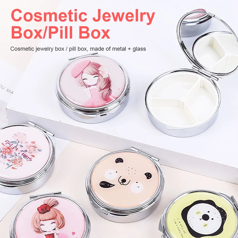 Cartoon Round 3 Grid Metal Pill Box Folding Portable Portable Pill Box Jewelry Box for Woman Portable Fashion Small Storage Box