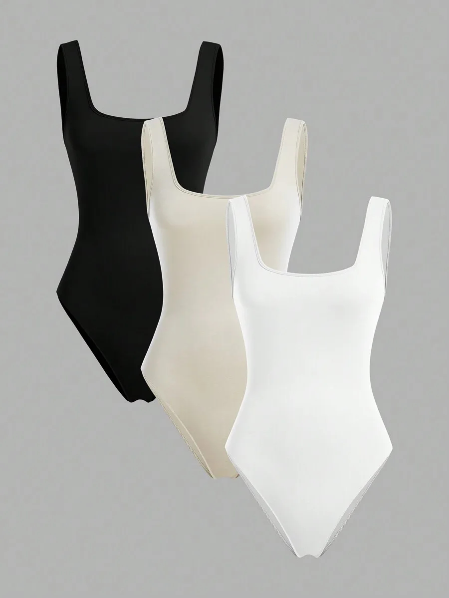 

Комплект из 3-х однотонных боди с вырезом-лодочкой и открытыми плечами, облегающего кроя, для женщин