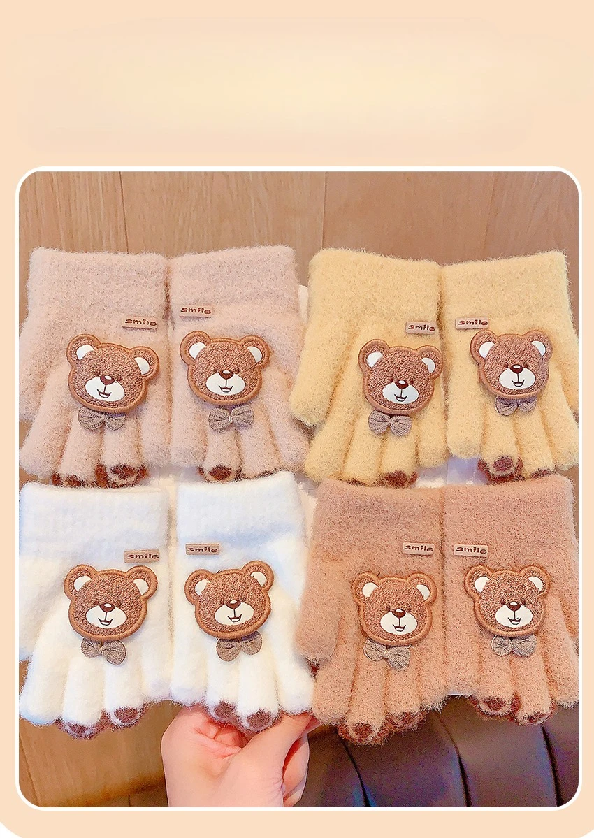 3-7 Jahre, warme Winterhandschuhe für Jungen und Mädchen, niedlicher Bären-Design, verdickte, winddichte, weiche, gestrickte Handschuhe mit vollen Fingern, ideal für den täglichen Gebrauch. – Detail 1