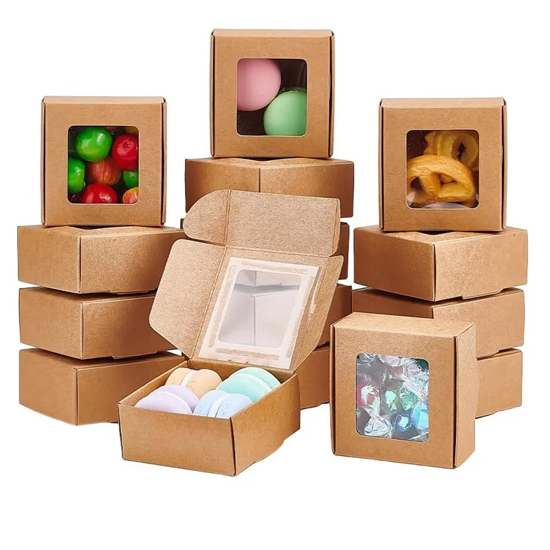 

500Pcs/Lot Square Brown Kraft Paper Boxes with Clear Windows for Party Favor Treats, Bakery, and Jewelry Packaging