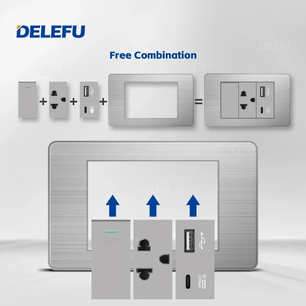 DELEFU Stainless Steel Grey Panel Thai Switch Socket Computer USB Type C Wall Power Socket
