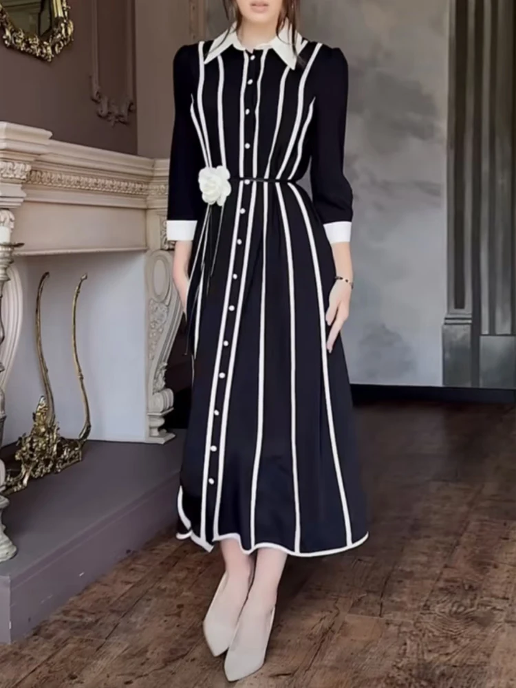 TWOTWINSTYLE Elegant Colorblock Striped Spliced Appliques Dress For Women Lapel Long Sleeve Tunic Temperament Dresses Female