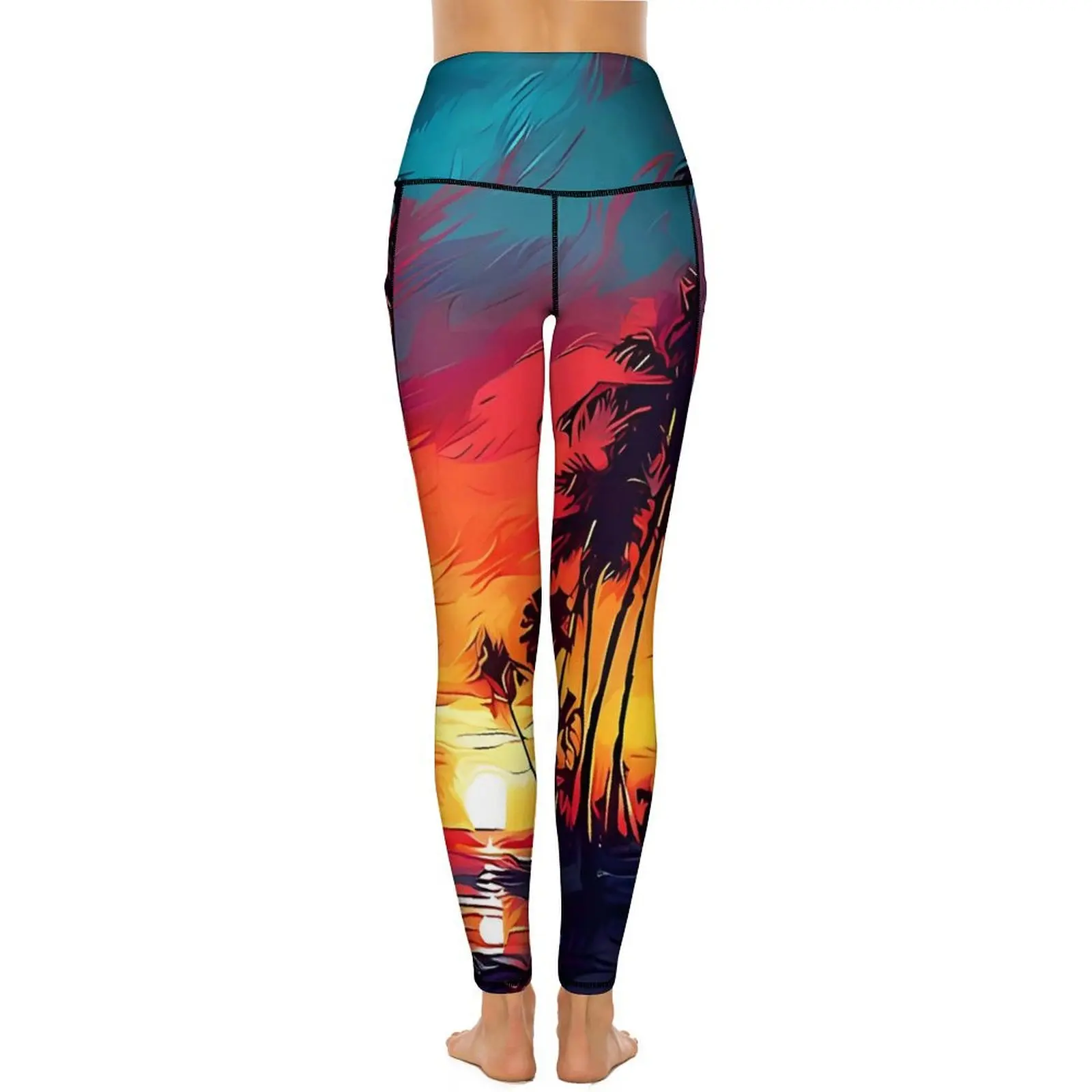 Sunset Palm Trees Leggings Sexy Colorful Art Fitness Yoga Pants High Waist Quick-Dry Sports Tights Pockets Retro Graphic Leggins