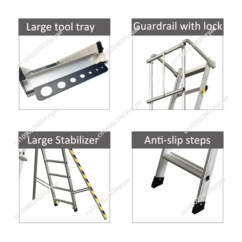 Platform ladder with large guardrail handrail tool tray