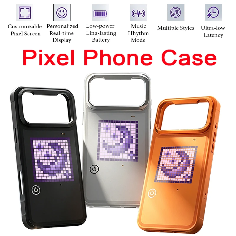DIY Pixel Phone Case with Stand And Screen Customizable Patterns and Animations Phone ProtectiveCase for iPhone 15 16 17 Pro Max