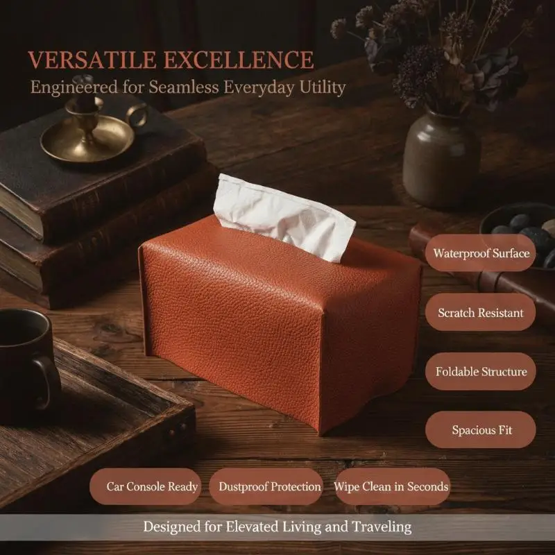Foldable PU Leather Tissue Box Cover Easy to Clean Decorative Holder for Kitchen Counter Office Desk