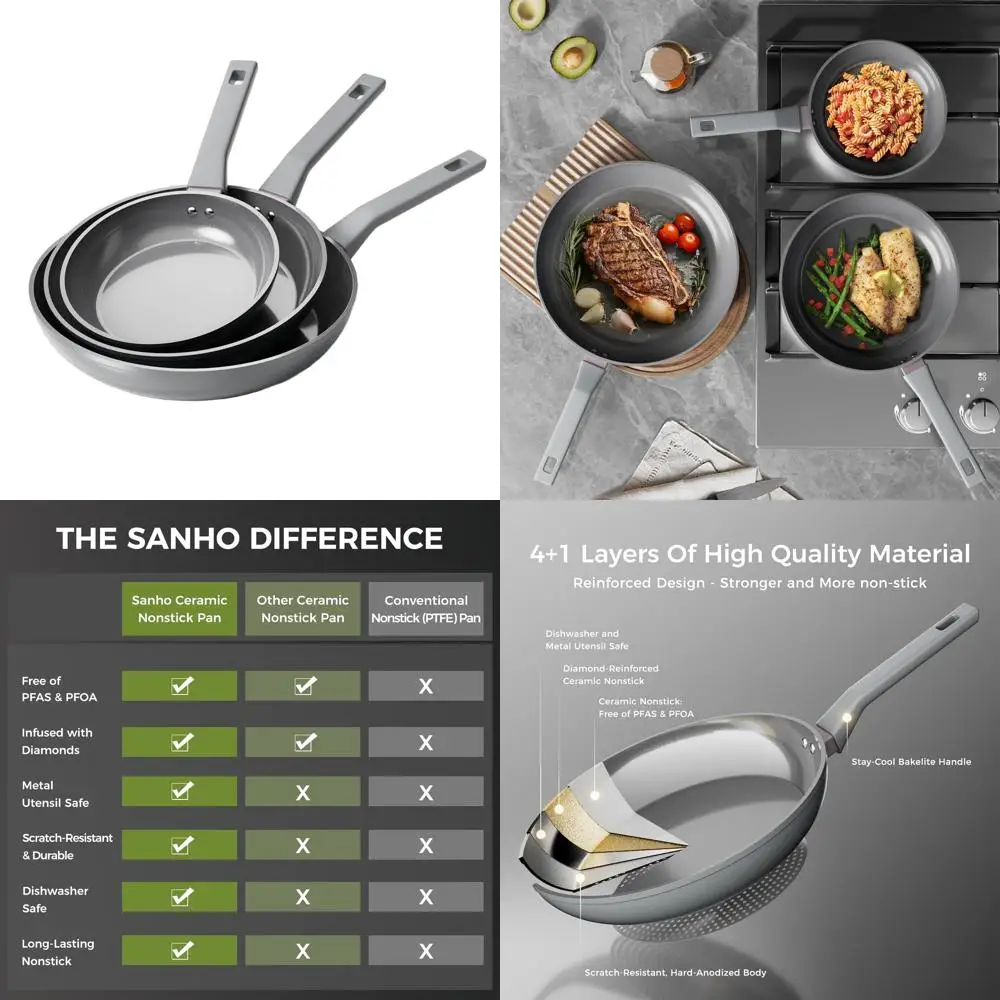 

Набор серых антипригарных сковородок, 8, 10, 12 дюймов, с термостойкими ручками, подходят для мытья в посудомоечной машине и использования в духовке