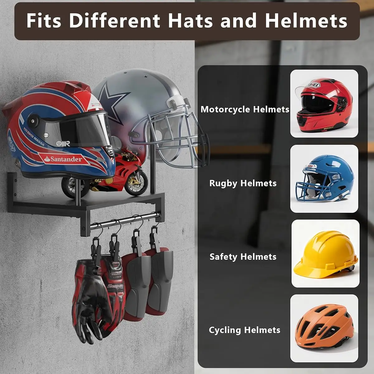 Soporte de pared de madera para casco de motocicleta, organizador multifuncional de equipo de bicicleta para decoración de garaje y dormitorio