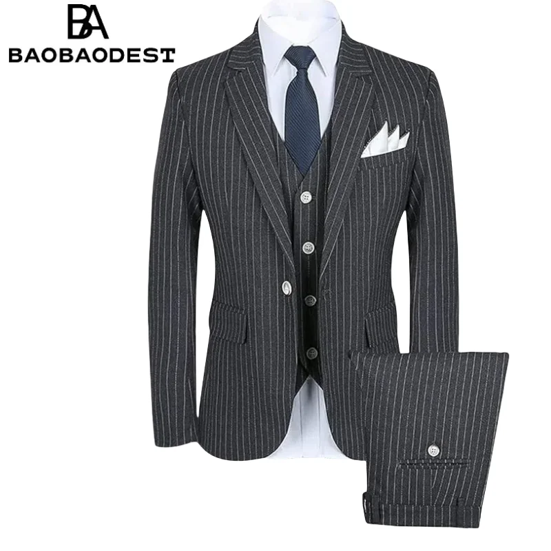 

Men's Gray Slim Fit Striped Suit 3-Piece Set - Tuxedo Vest & Pants, Blazer Jacket, Custom Tailored Business Formal Wedding Suits