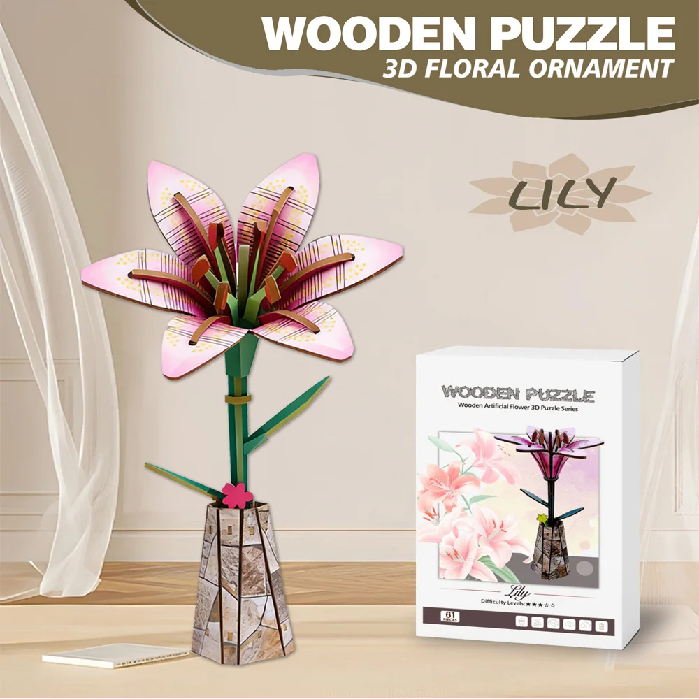 

3D Lily Wooden Puzzle DIY Kit 3D Flower Model for Indoor Decor Creative Brain Teaser & Decorative Gift Toy HG82