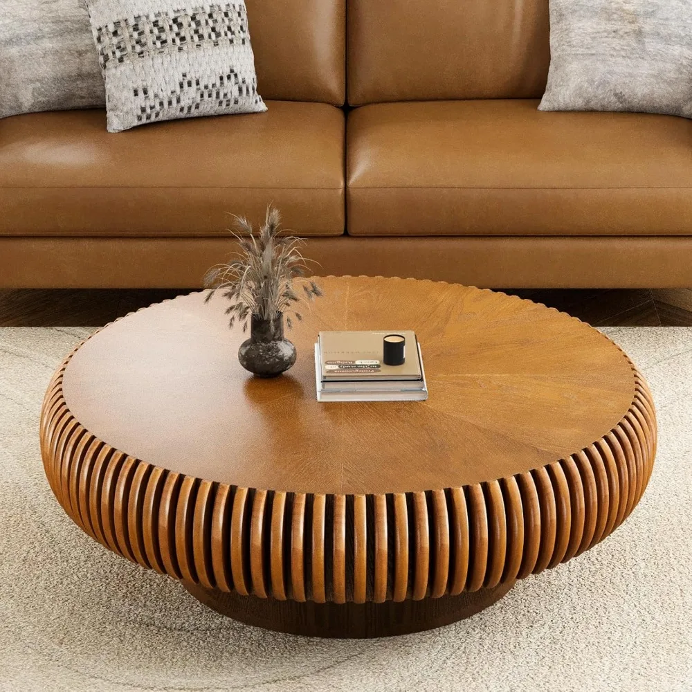 

Brown Round Coffee Table for Living Room Round Fluted Drum Coffee Table Modern Fluted Coffee Tables for Living Room (Brown, 39.3
