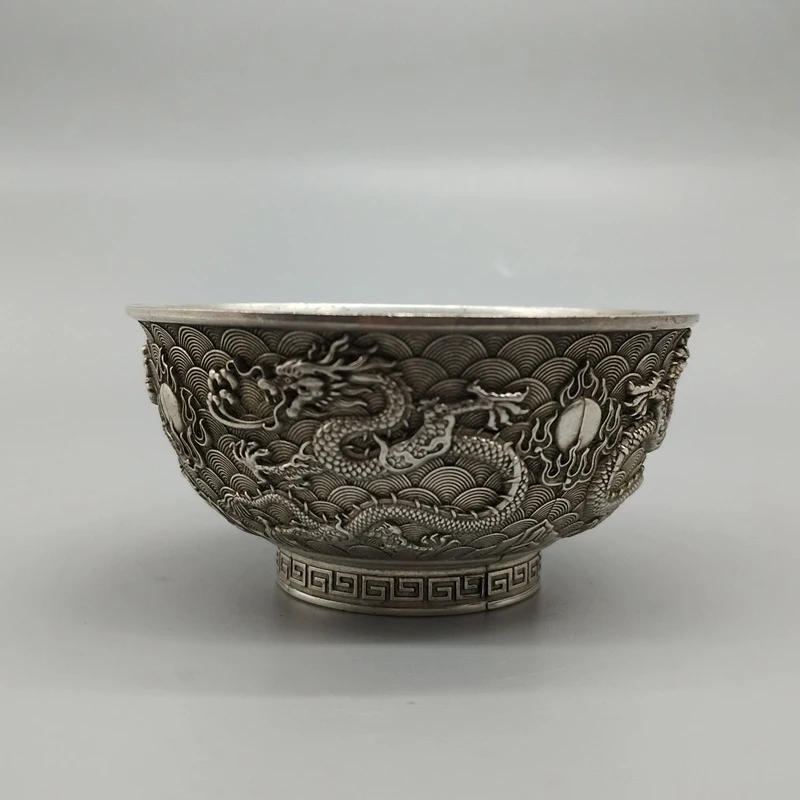 Embossed from Qianlong Era of the Qing Dynasty, Home Decorative Ornament, Alloy Double Dragon Bowl