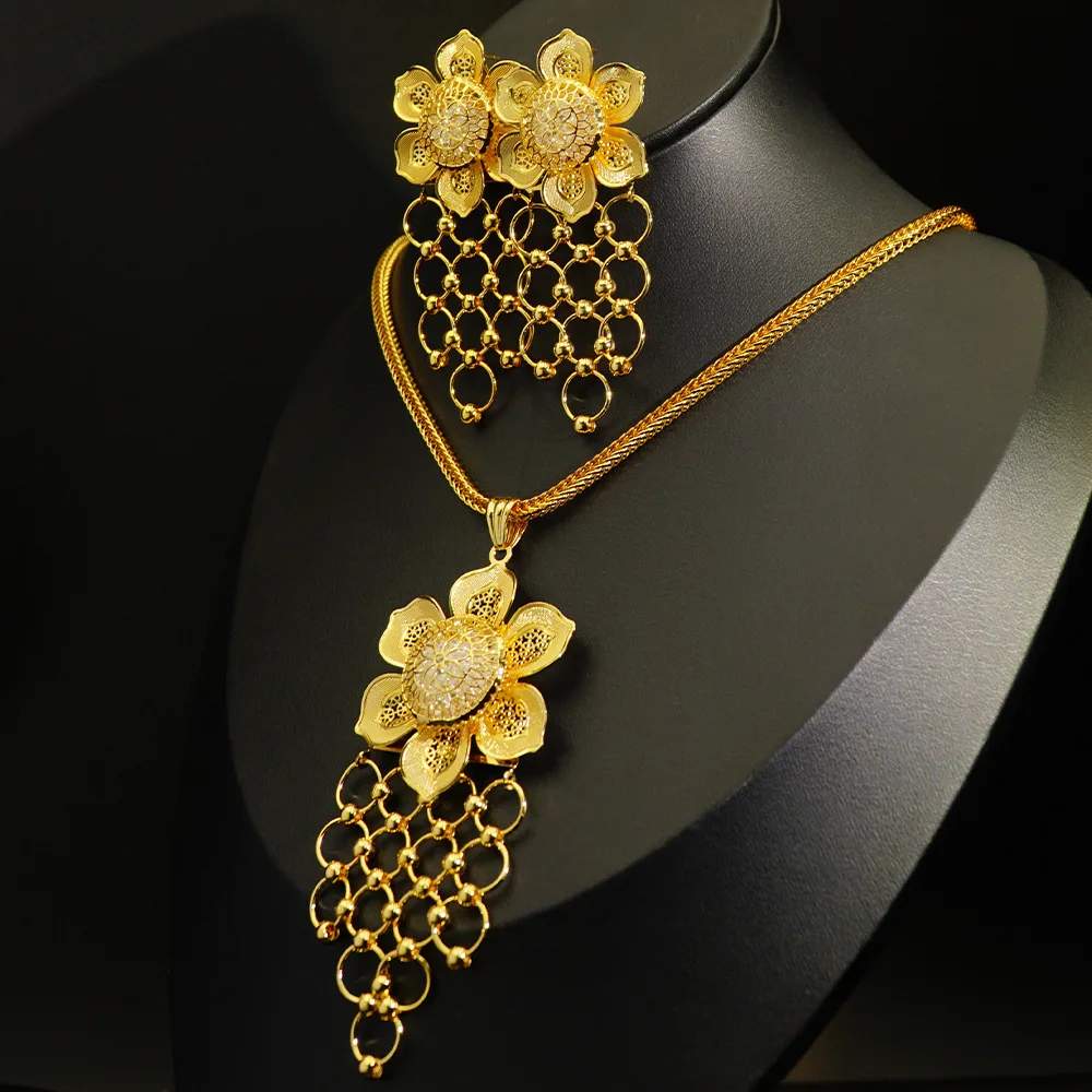 

Jewelry Hollow Flowers Golden Earrings Zircon Sets Circle Drop Earrings Long Pendant Necklace Jewelry Fashion Women Party Gifts