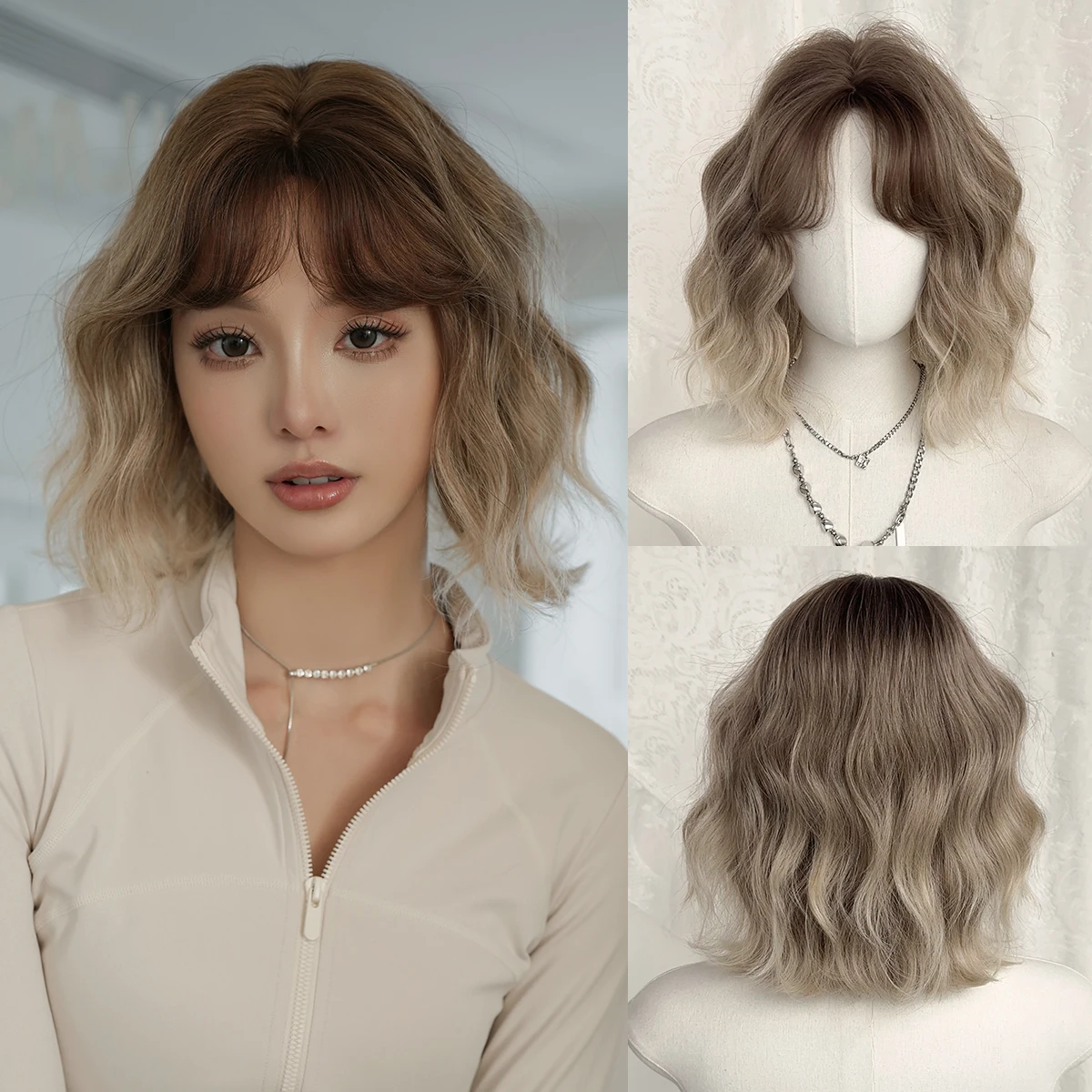 

7JHH WIGS Short Water Wave Ash Brown Wig for Women Synthetic Modest Fashion Middle Part Wear and Go Wigs with Curtain Bangs