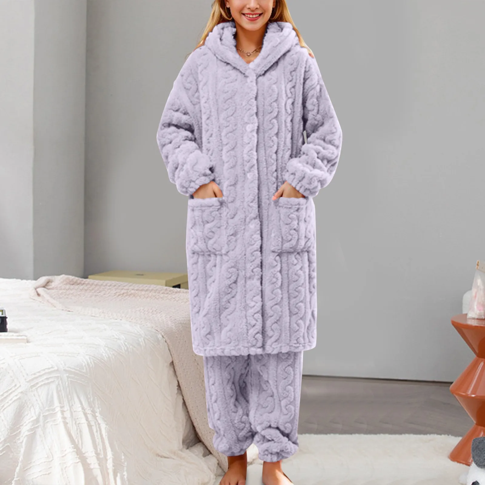 Women Fuzzy Pajama Set Warm Long Sleeve Sleepwear Plush Loungewear Thermal Nightwear With Comfy Shorts for Women plus Size