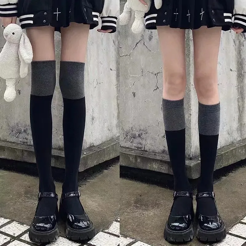 Womens Knee High Socks Color Blocked Design Soft Breathable Fabric Sweat Absorbing Comfortable Casual Fashion Splicing Style