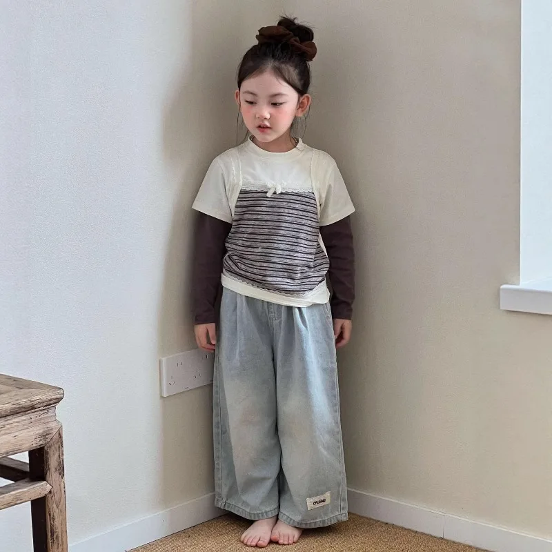 Children's Clothing 2026 Spring Summer Autumn New Item Solid Color Casual Comfortable Pants for Baby Girls Jeans