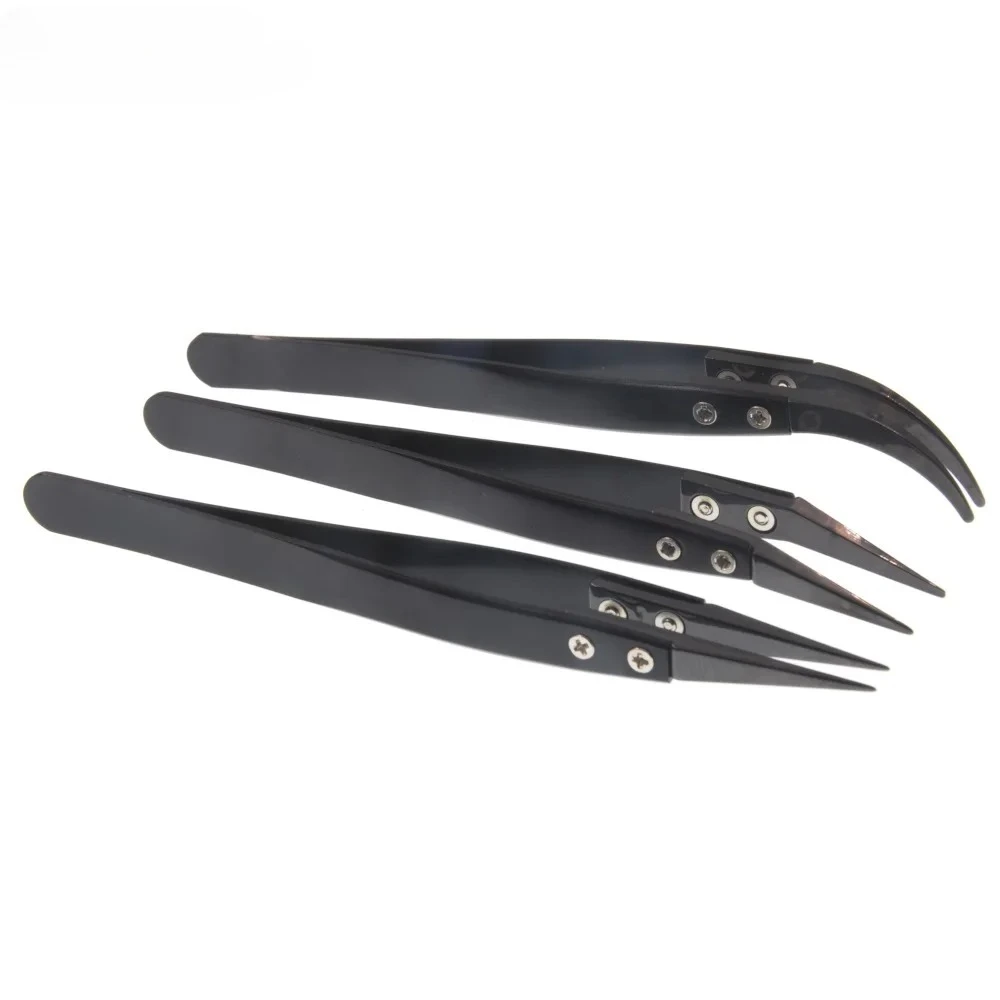 Precision Black Ceramic Tweezers Stainless Steel Curved Straight Tip Pointed Coil Heat Resistant Antistatic Ceramic Tweezers