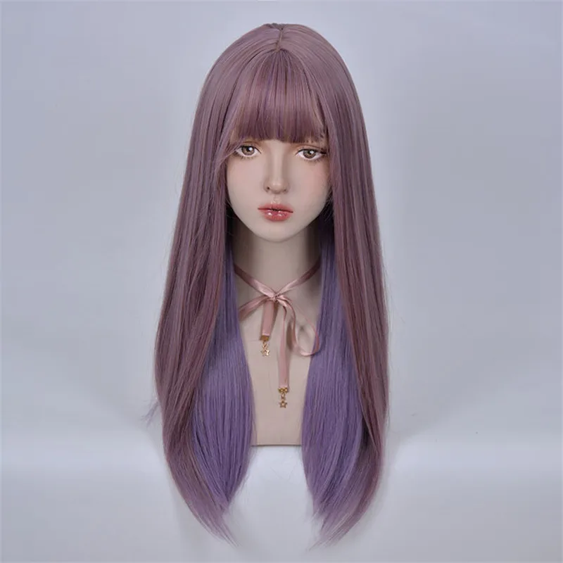 باروكة لوليتا أرجوانية طويلة مستقيمة مقاومة للحرارة مع فرقعة صناعية للنساء للاستخدام اليومي للحفلات التنكرية