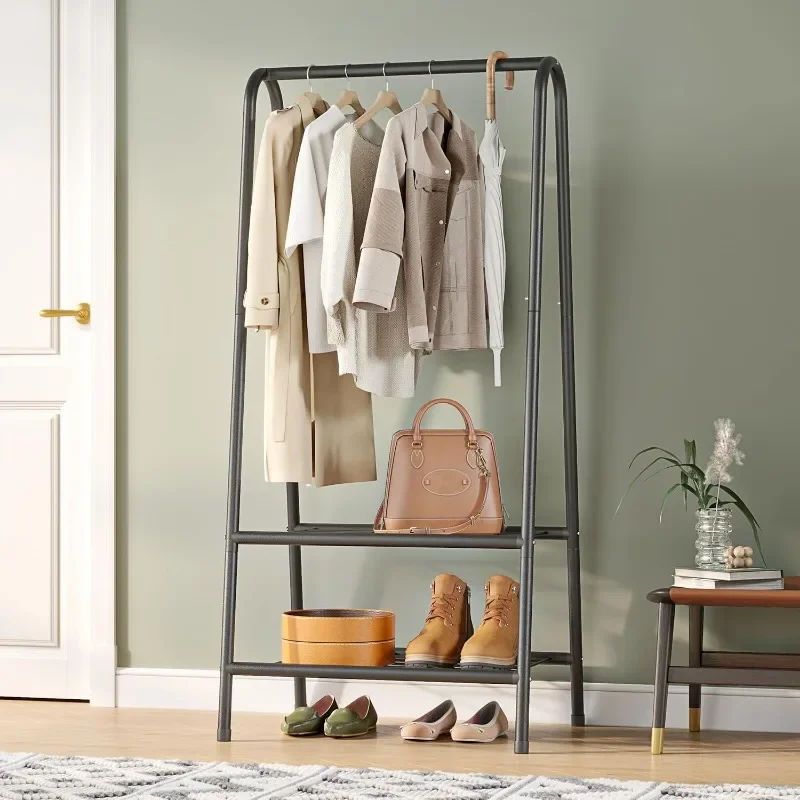 Portable Metal Small Garment Rack, Sturdy Clothing Rack with Double Layer Shelf for Storing Clothes, Shoes, Suitable for Bedroom