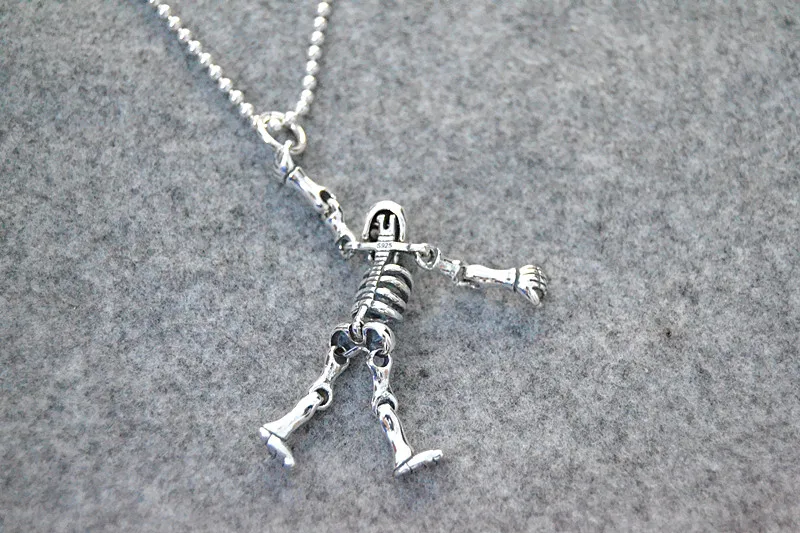 Gothic punk sterling silver skeleton necklace pendant Women's bone man pendant trendy man funny silver jewelry