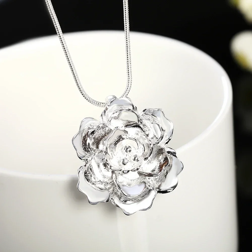 925 Sterling Silver Necklace For Women 18 inches beautiful Blooming flowers Pendant Fashion gift Wedding party Jewelry