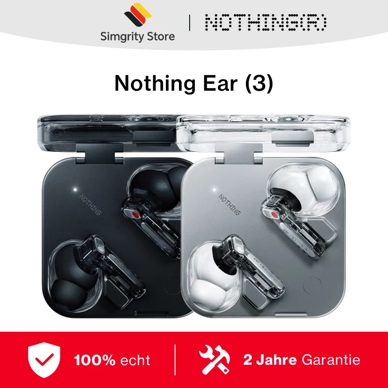Nothing Ear (3) Kabellose Ohrhörer mit adaptiver Geräuschunterdrückung, In-Ear-Kopfhörer mit Super-Mikrofon, 24-Bit-Hi-Res-LDAC-Audio, Bluetooth-Kopfhörer, IP54, schnelles Aufladen
