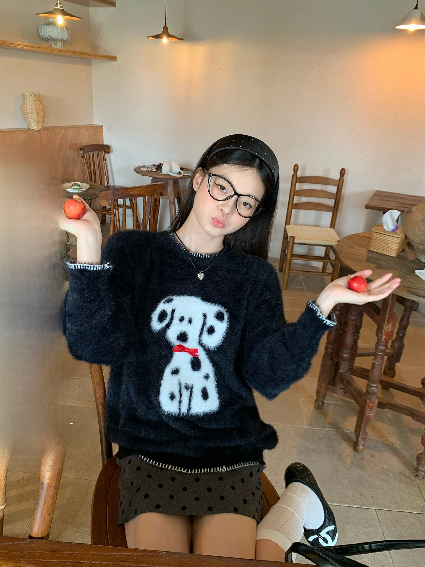 

Long Sve Knitted Sweater Women's Loose Casual Sle Fur Coat Dog Pattern Winter Faion Outerwear Single Piece