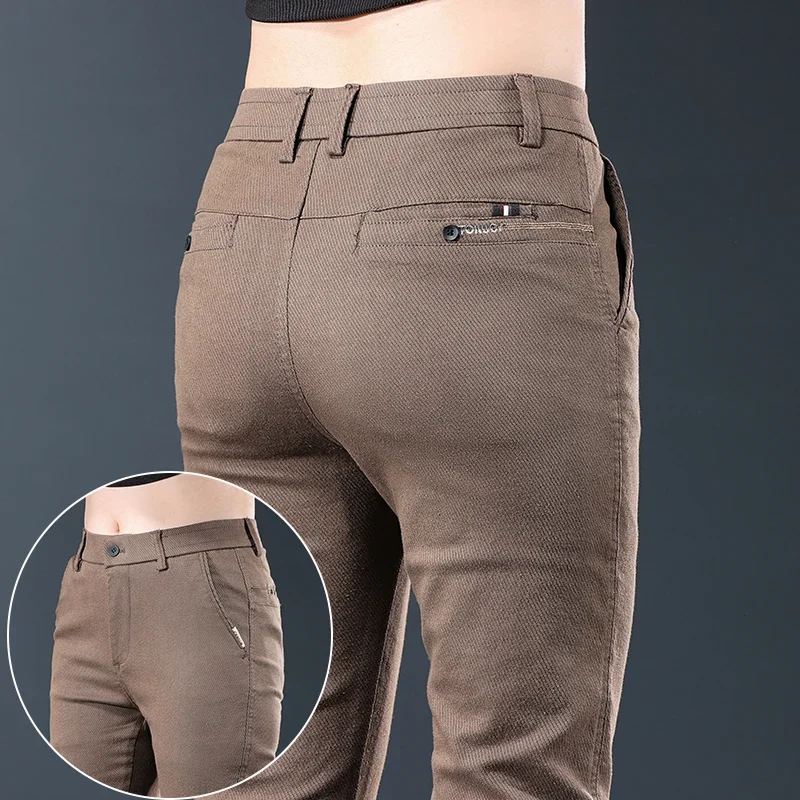 

Тонкие корейские мужские повседневные брюки, прямые тонкие эластичные талии, удобные эластичные деловые классические однотонные мужские брюки