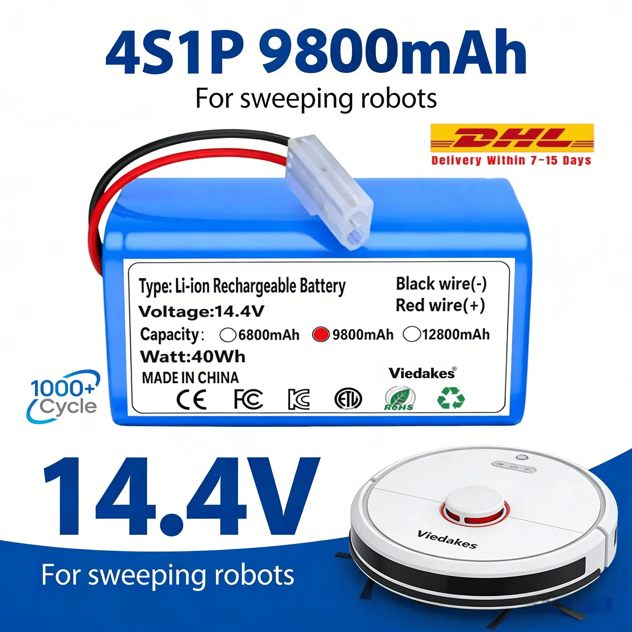 

2026 New 18650 battery pack 14.4V 9800mAh lithium ion battery, suitable for Xiaomi G1 Mi Essential MJSTG1 robot vacuum cleaner▶