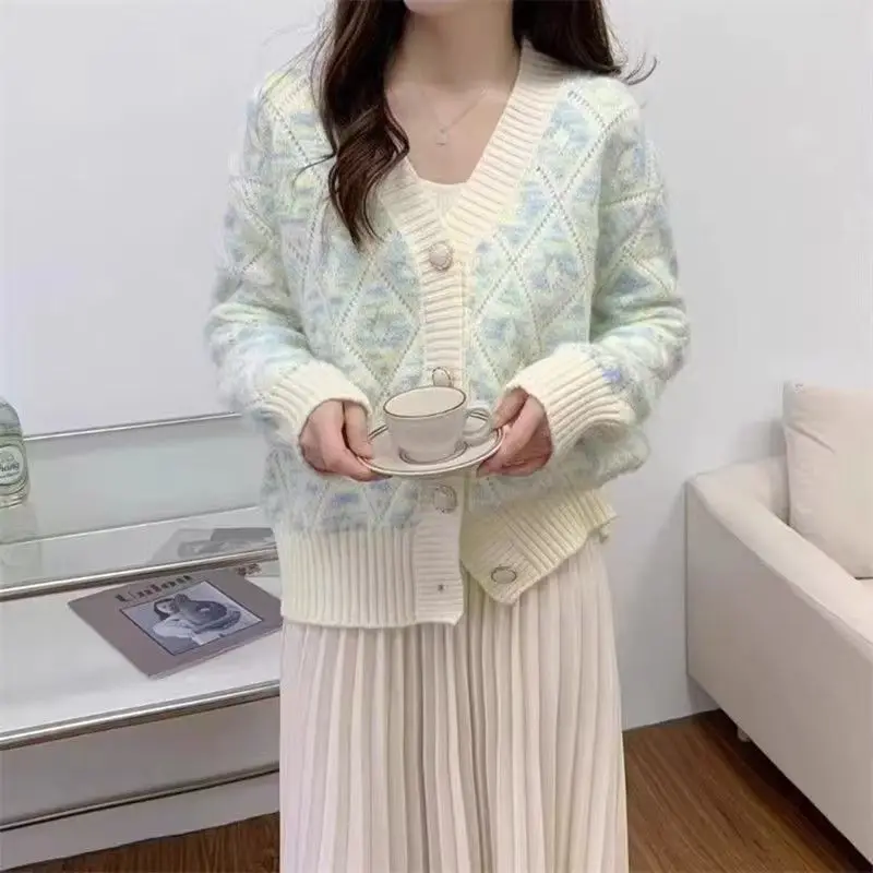 الرجعية تليين Ageless فضفاض المرأة سترة مشغولة من الصوف قصيرة الماس نمط ملابس خارجية الخامس الرقبة كم كامل سترة عادية القمم #4