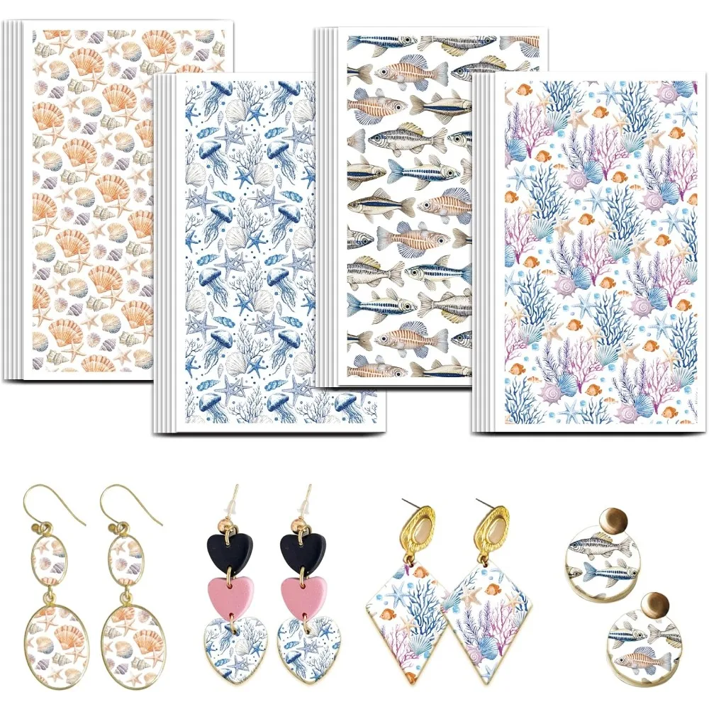 Papier de transfert d'argile océan, 4 modèles, 24 pièces, papier de transfert pour coquilles polymères, feuilles de transfert d'argile polymère de poisson, thème océan, petit
