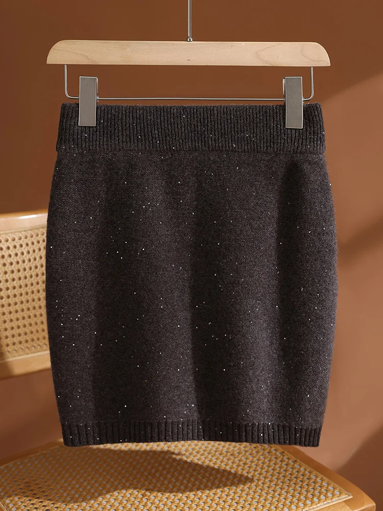 Gonna di lana da donna autunno inverno a vita alta addensare mini gonna con paillettes sottile sopra il ginocchio abito da donna da ufficio 100% lana merino lavorata a maglia