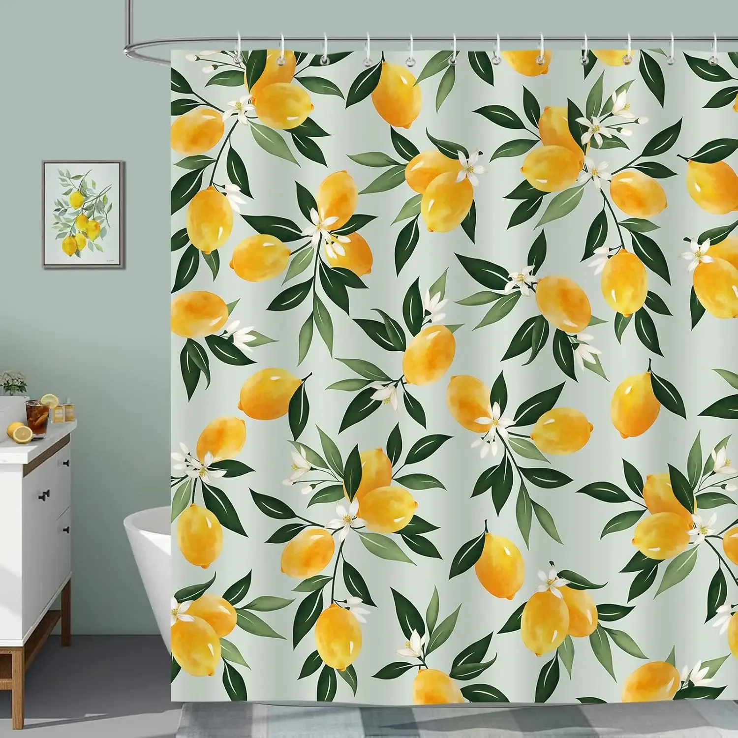 Lemon Shower Curtain, Allover Fruit Green Leaves Bathroom Curtain Polyester Fabric Waterproof Bath Curtain