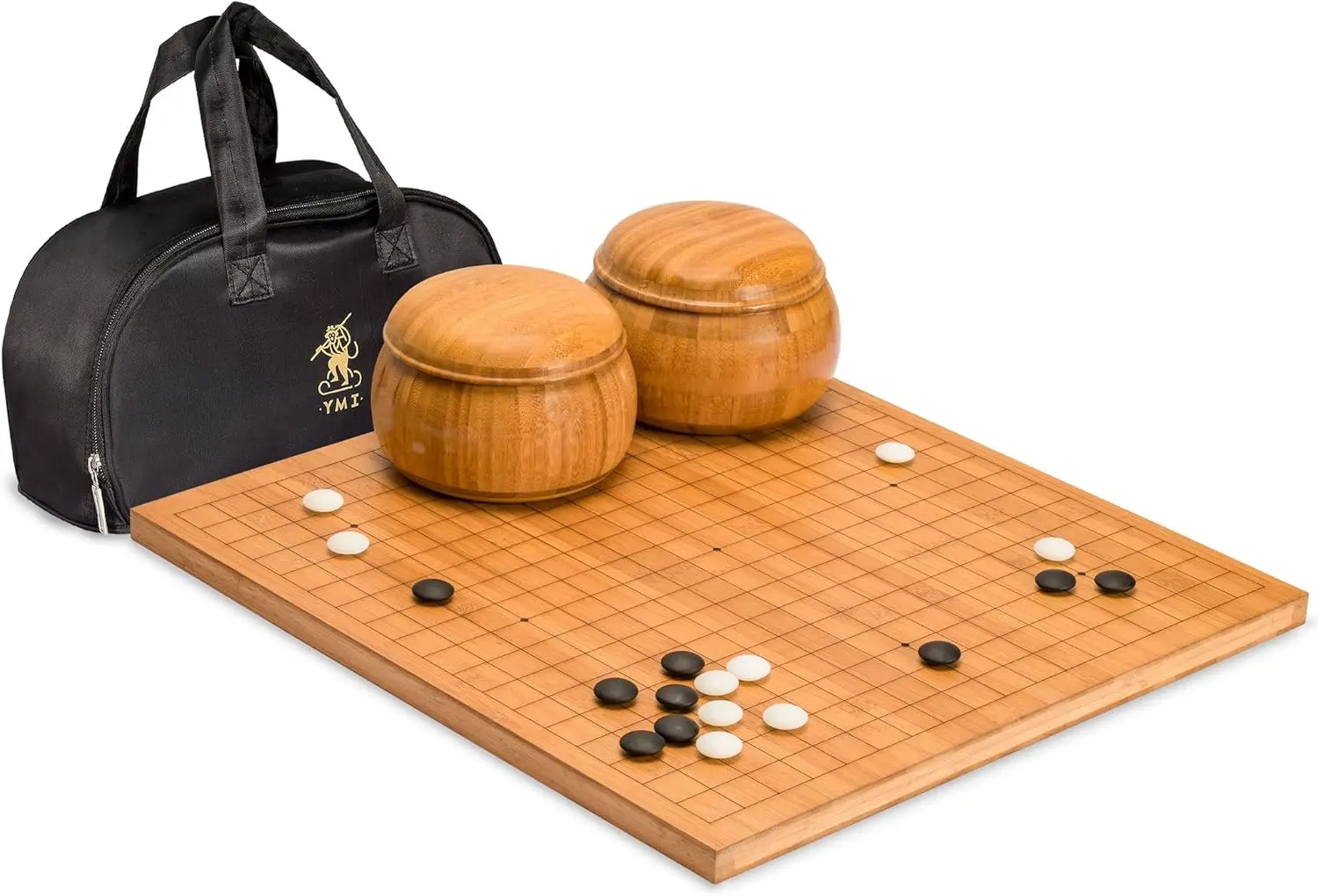 Bamboo 0.8-Inch Etched Reversible 19x19 / 13x13 Go Game Set Board with 9.2mm Double Convex Yunzi Stones