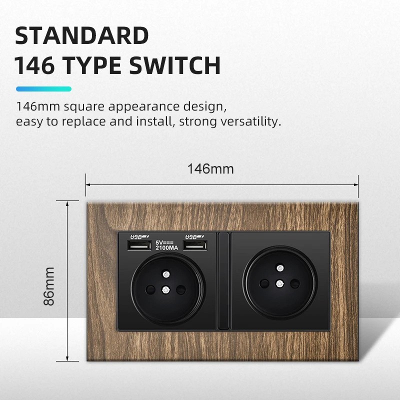 

ELEGAN UK 18W Type-C Quick charge Dual Power Outlet Universal Retro Wood Grain Electrical USB Socket 110-250V Electrical