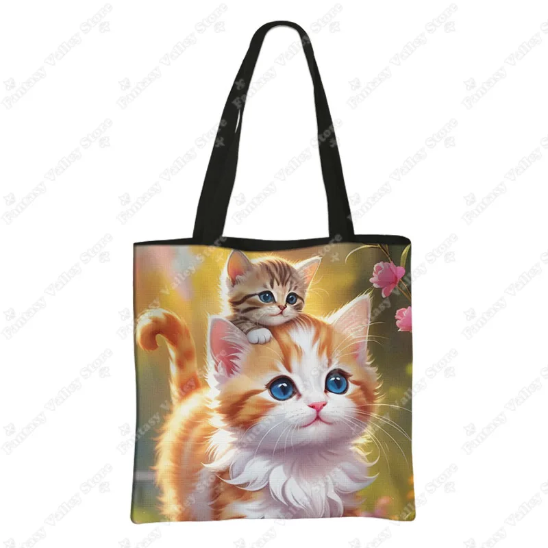 Cartoon Flower Cat Print Tote Bags Cute Kitten Cats Baby Women Handbag Shoulder Bag Large Capacity Storage Bags Grocery Bag Gift