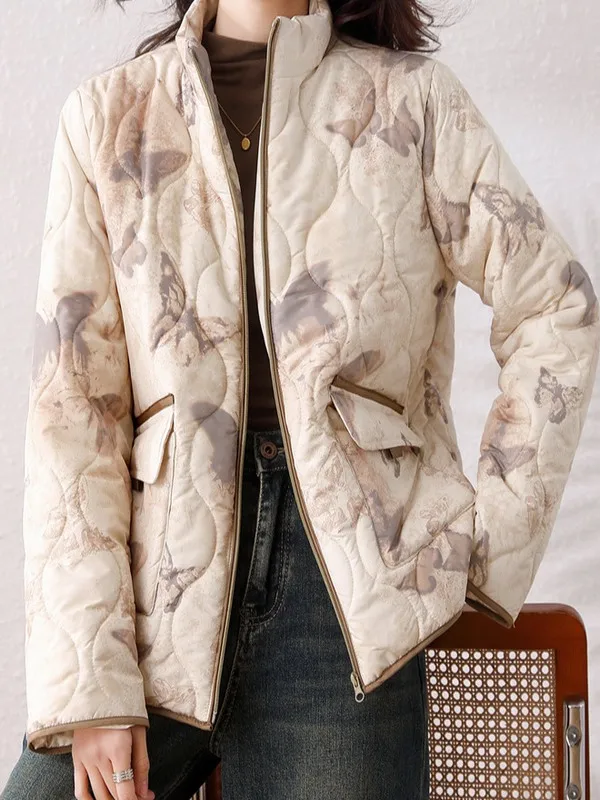 Plus Size Damen Retro Adient Stehkragen Baumwolle Jaet ort Oberbekleidung Thiened Warm Winter Faionable All-Match Mantel