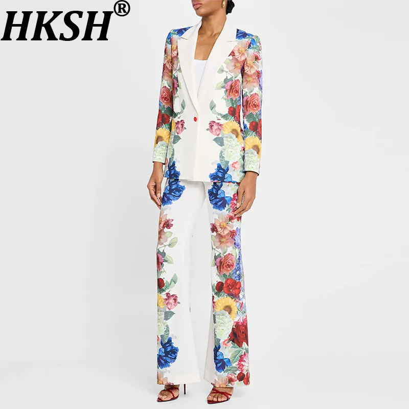 HKSH Women Office Lady Two Pieces Set Printed Single Button Blazer Jacket Chic Pants Elegant High-end Suit Spring Autumn HK12060