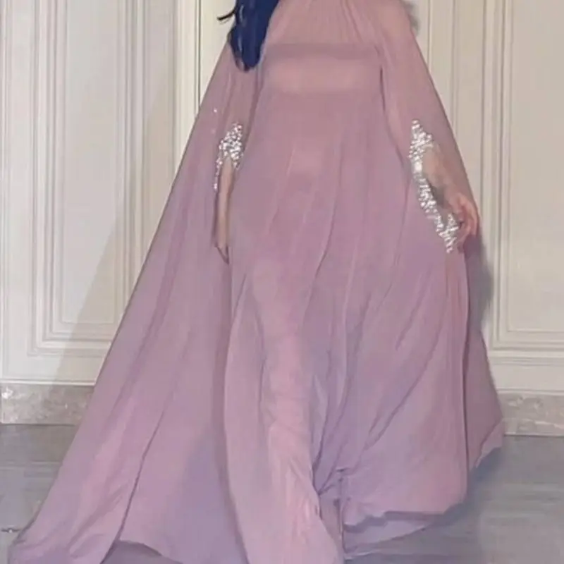 Ele Long Sve High Waist Sexy awl Beaded Chiffon Birthday Evening Gown Two Piece Set for Women Adult Ceremony