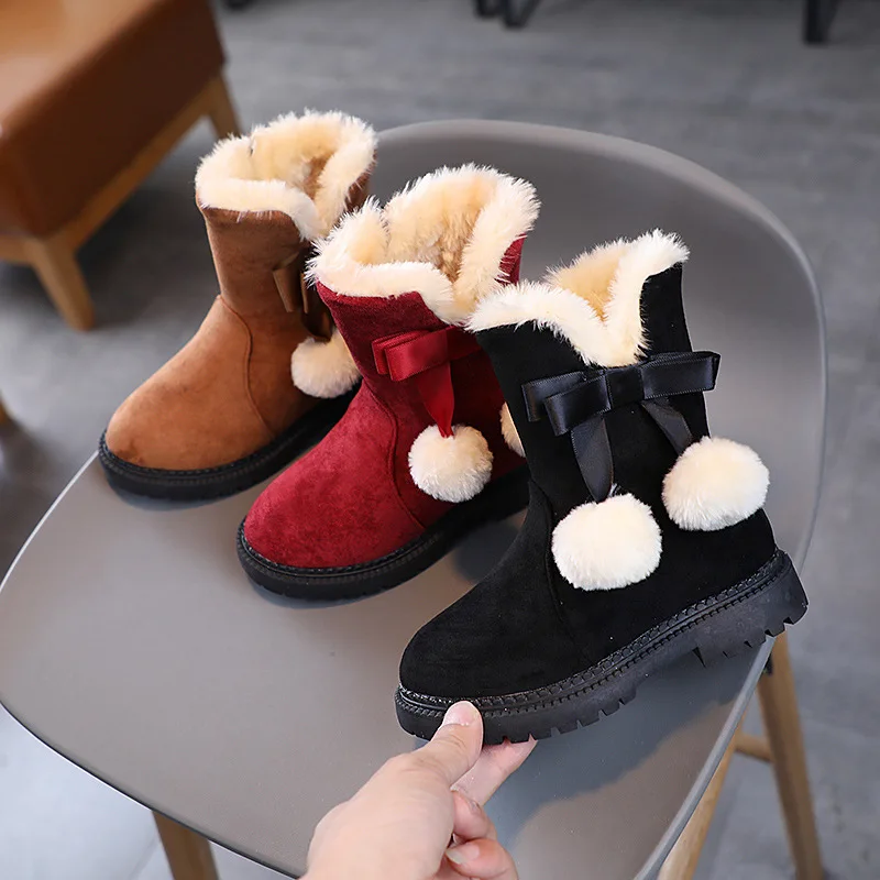 

Children Winter Fashion Snow Boots Girls Fleece Ribbon Bow Anti-Slip Suede Short Boots Girls Hairball Thickened Cotton Boots Kid