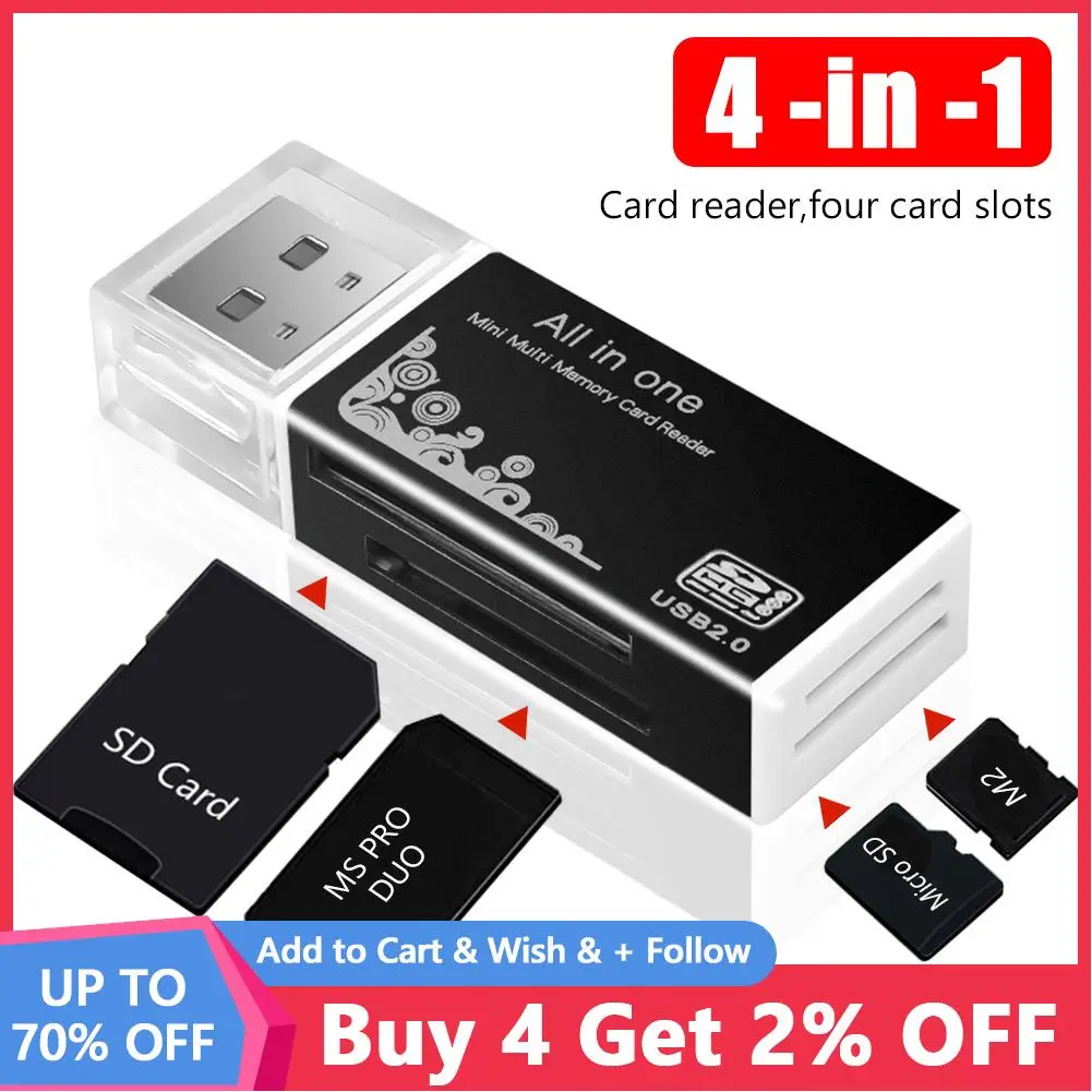 4 in 1 Card Reader USB 2.0 Multi Card Reader Memory Adapter For Memory Stick Pro Duo Micro SD/T-Flash/M2/MS Card Reader