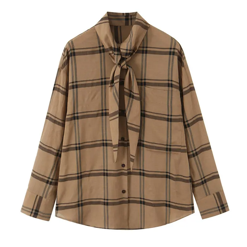 Trendy Plaid irt Scarf Collar Women's Faion Autumn 2025 New Arrival Versatile Clothing European Sle Long Sve Regular...