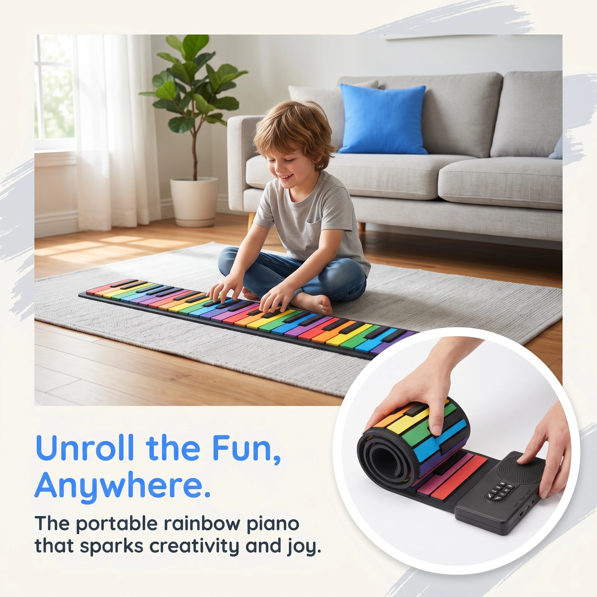 Portable 49-key roll-up piano keyboard, color silicone piano with speaker, suitable for beginners and traveling musicians
