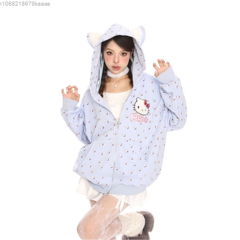 Sanrio Hello Kitty-Sudadera con capucha con estampado completo para mujer, diseño dulce, versión coreana Y2k, abrigo con cremallera a la moda, nueva chaqueta holgada de otoño