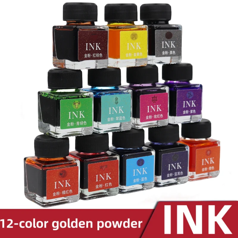 12-Color Shimmering Gold Powder Glass Dip Pen Ink Set Non-Carbon Colored Ink for Painting Calligraphy Practice for Students